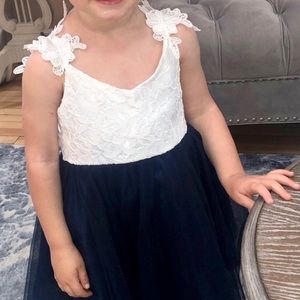 Toddler white and navy lace flower girl dress